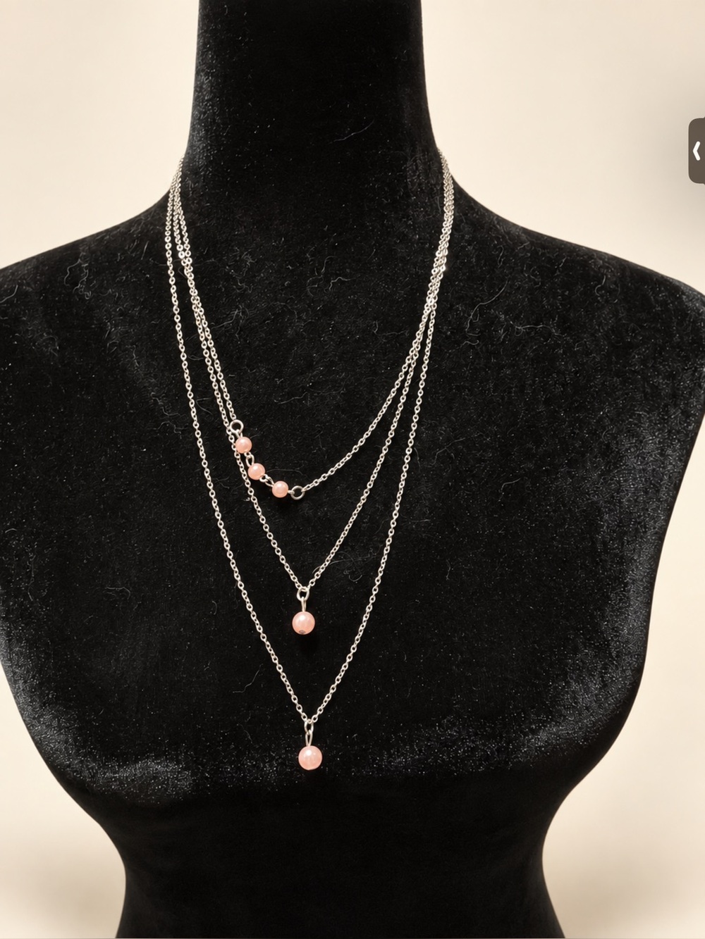 Layered Pink Bead Pendant Necklace - Silver Tone